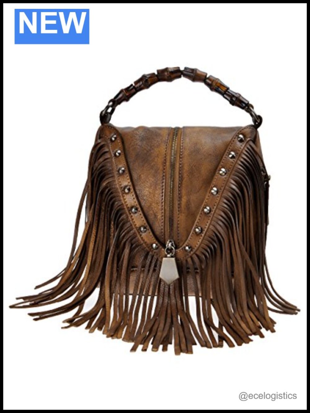 Women Leather Fringe Crossbody Bag Boho Bamboo Handle Studded Handbag